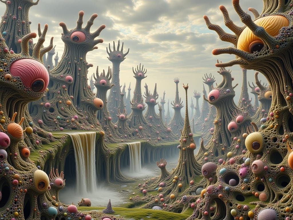 Surreal Cyberpunk Cityscape with Cat People and Biomechanica...