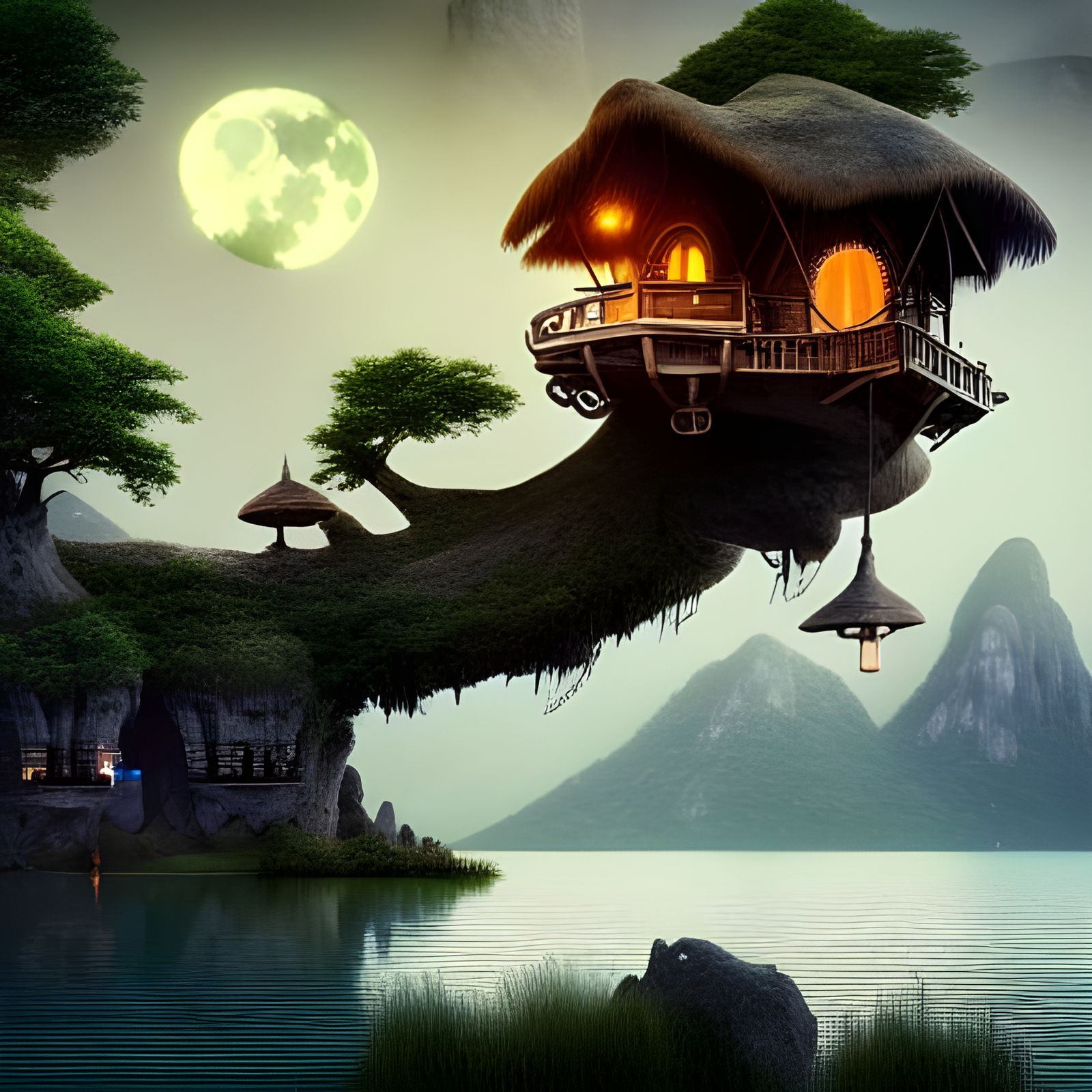 Treehouse in Lake at Dawn: Epic Digital Painting