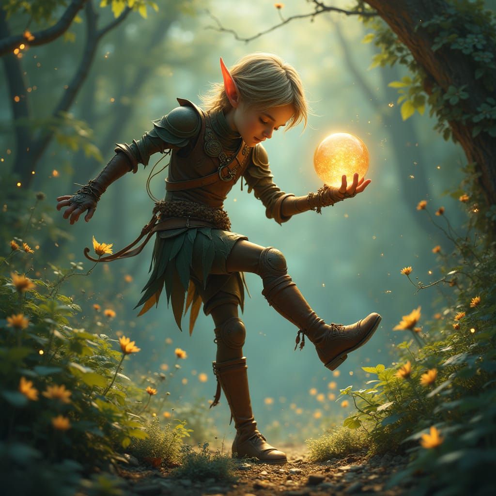 Elf Boy Kicking Glass Ball in Magic Forest