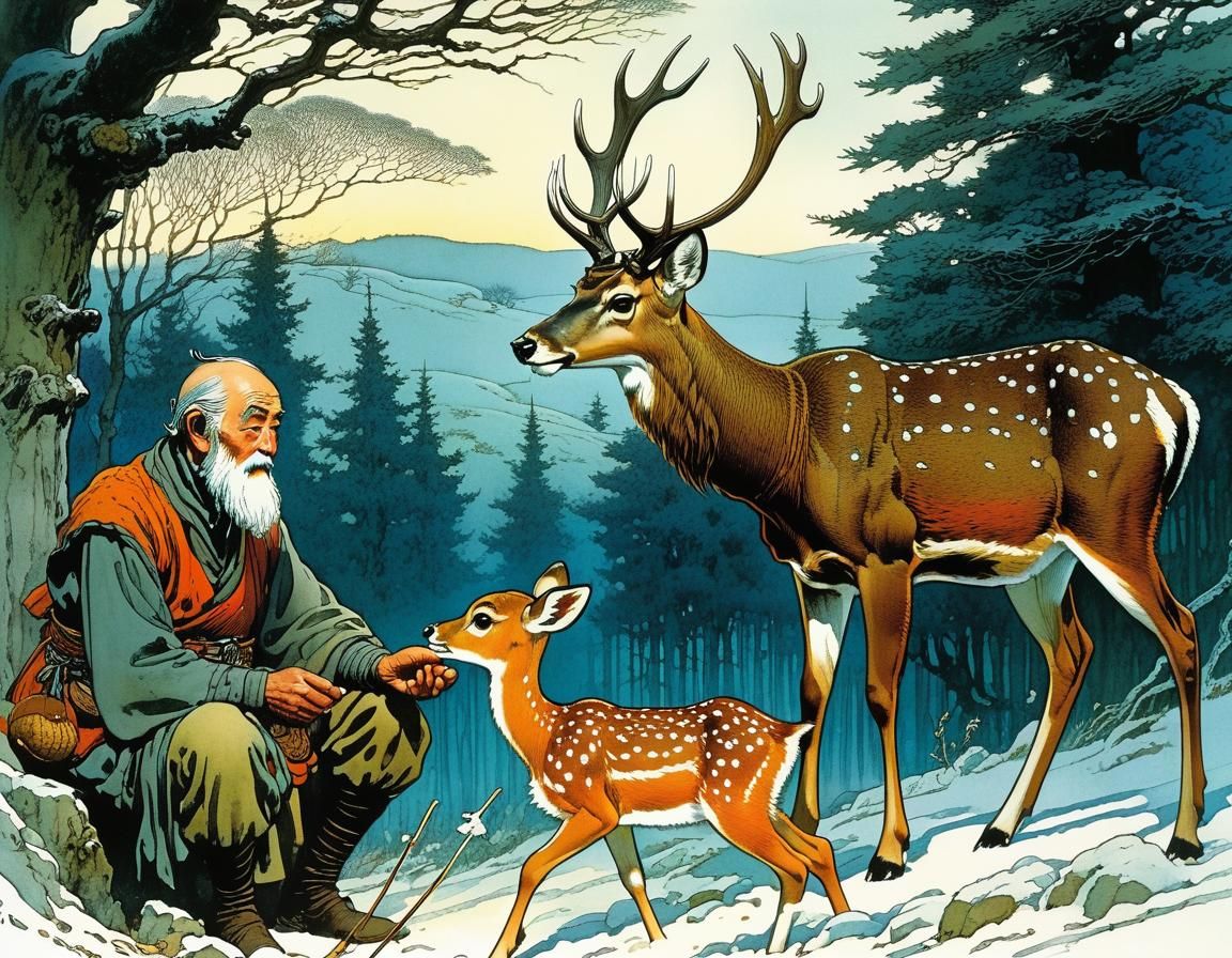Caring Grandfather Teaches Deer Aid: Whimsical Illustration