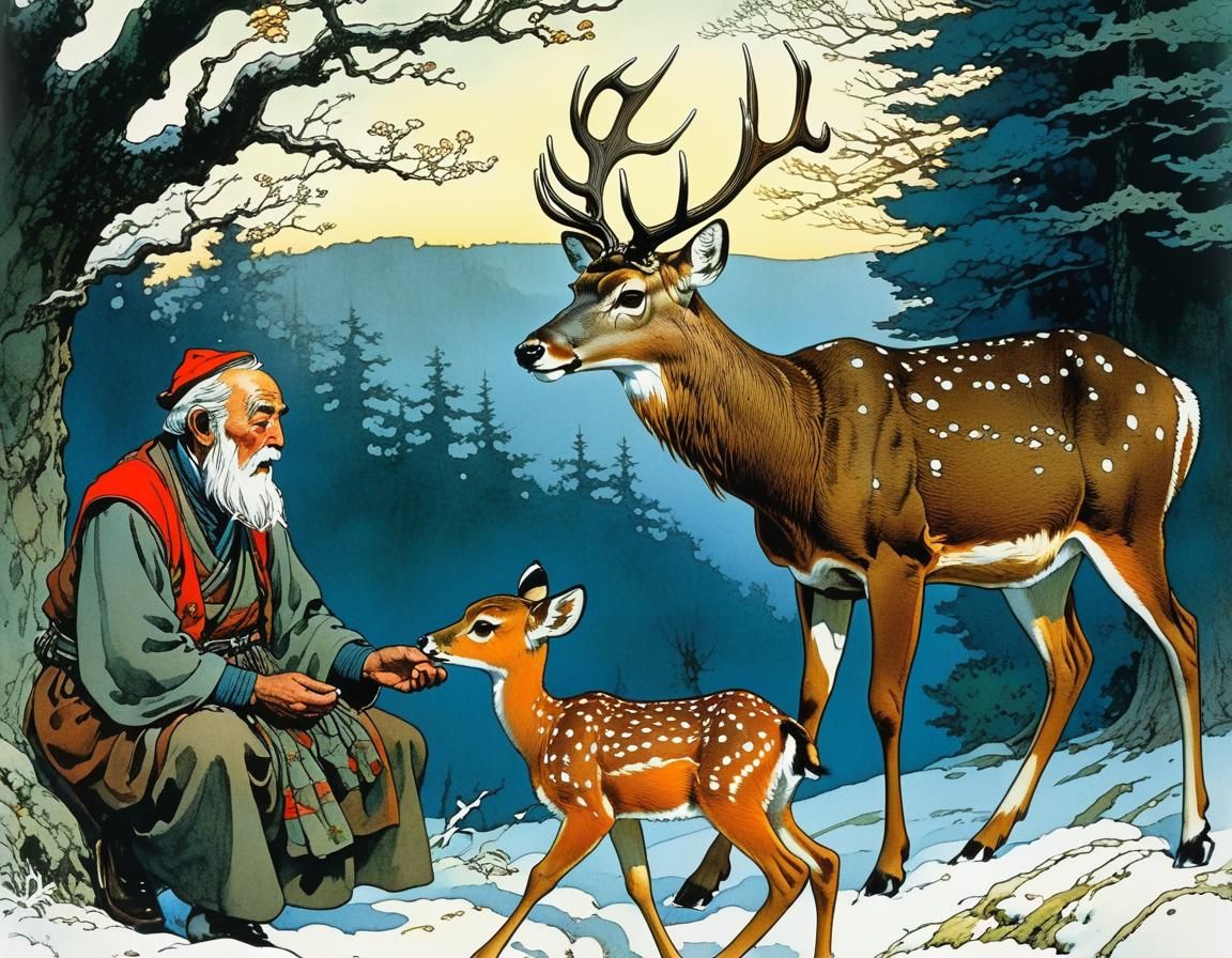 Caring Grandfather Teaches Compassion in Detailed Illustrati...