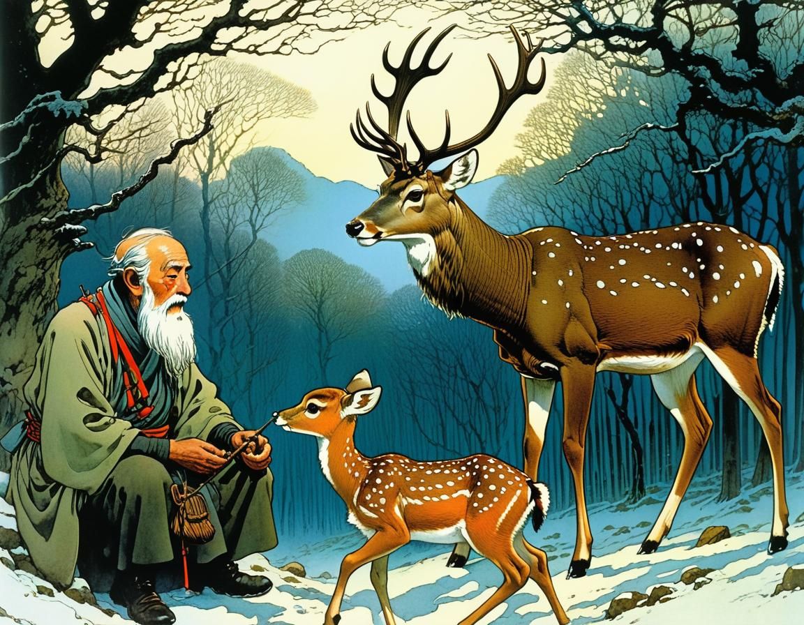 Loving Grandfather Teaches Deer Care: Fantasy Illustration