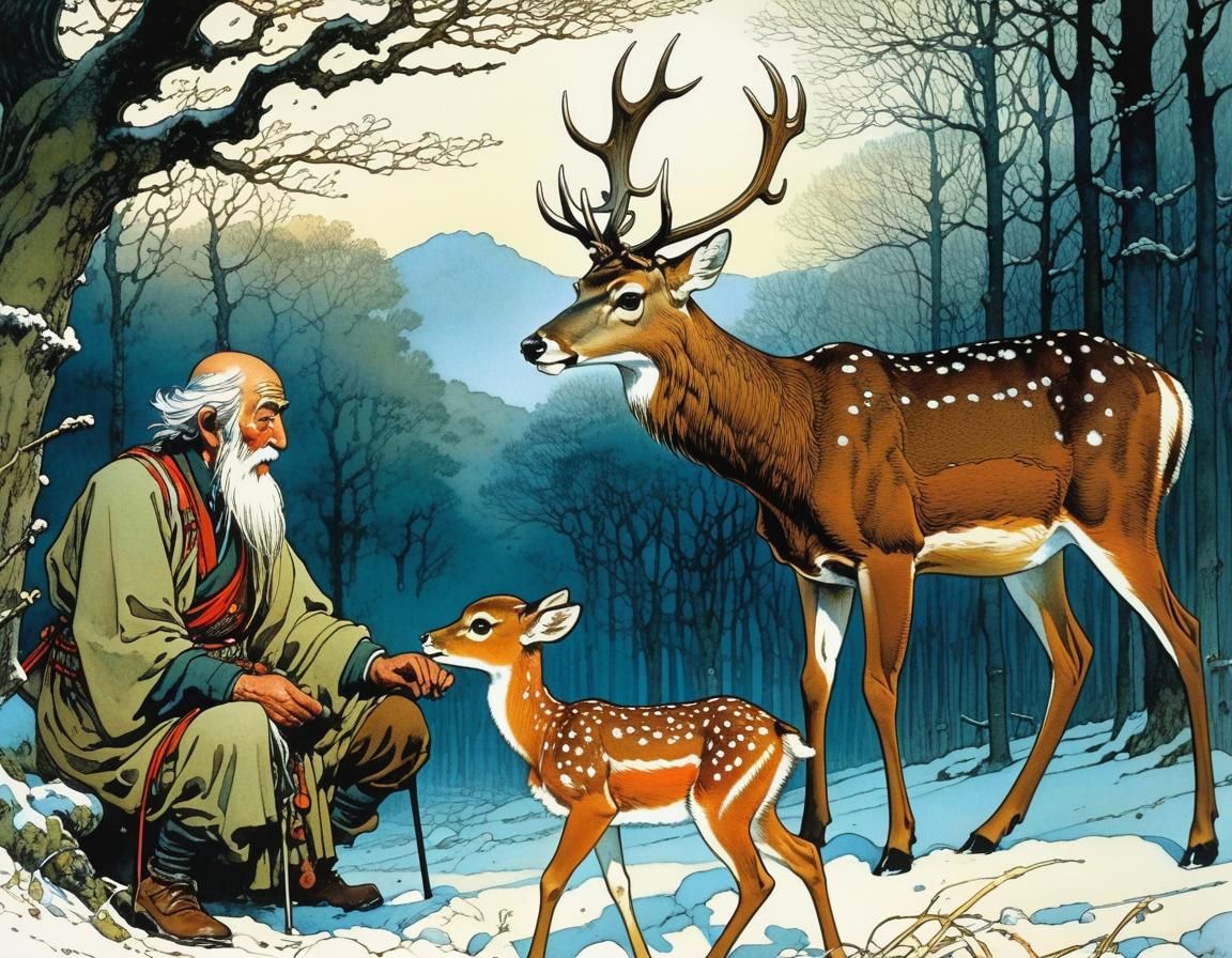 Grandfather Teaches Deer Care: Expressive Fantasy Art