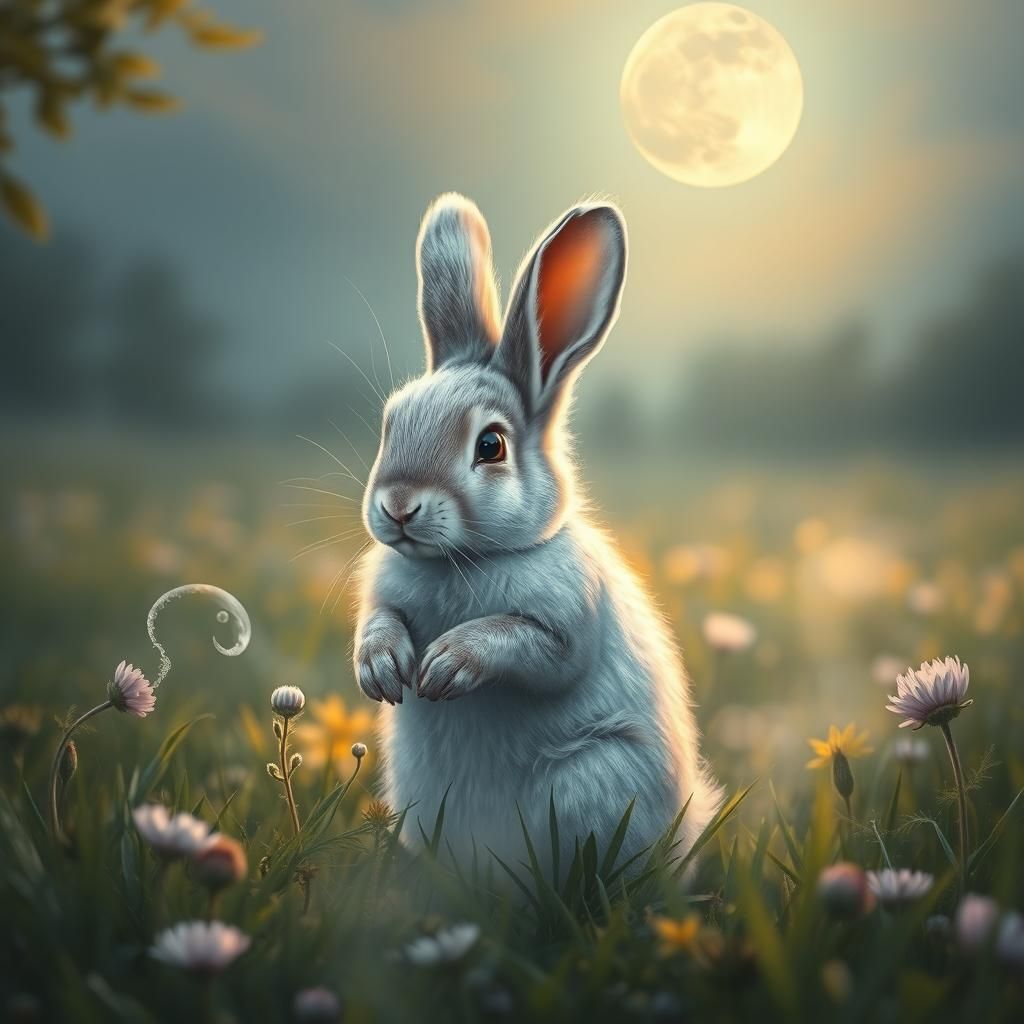 Moonlit Silver Bunny in Dreamlike Landscape