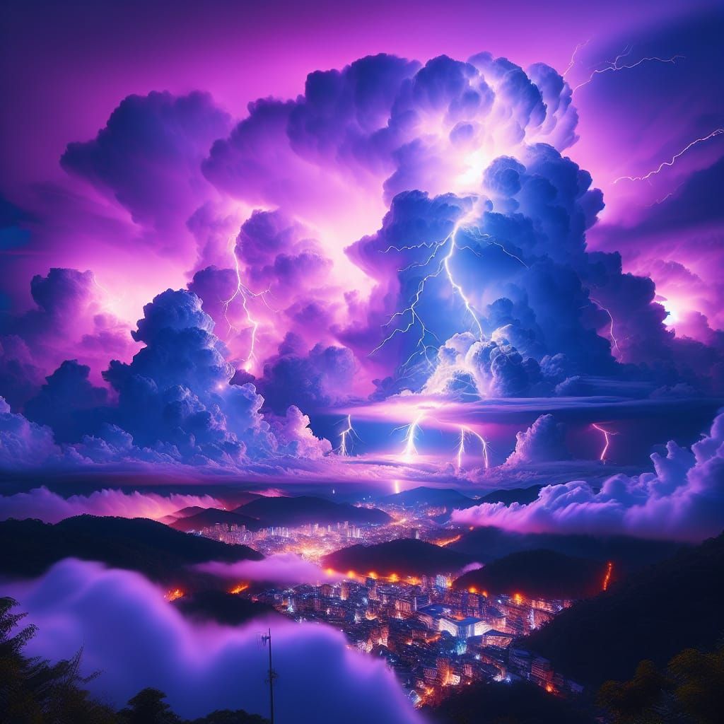 City in Clouds Bathed in Violet Lightning