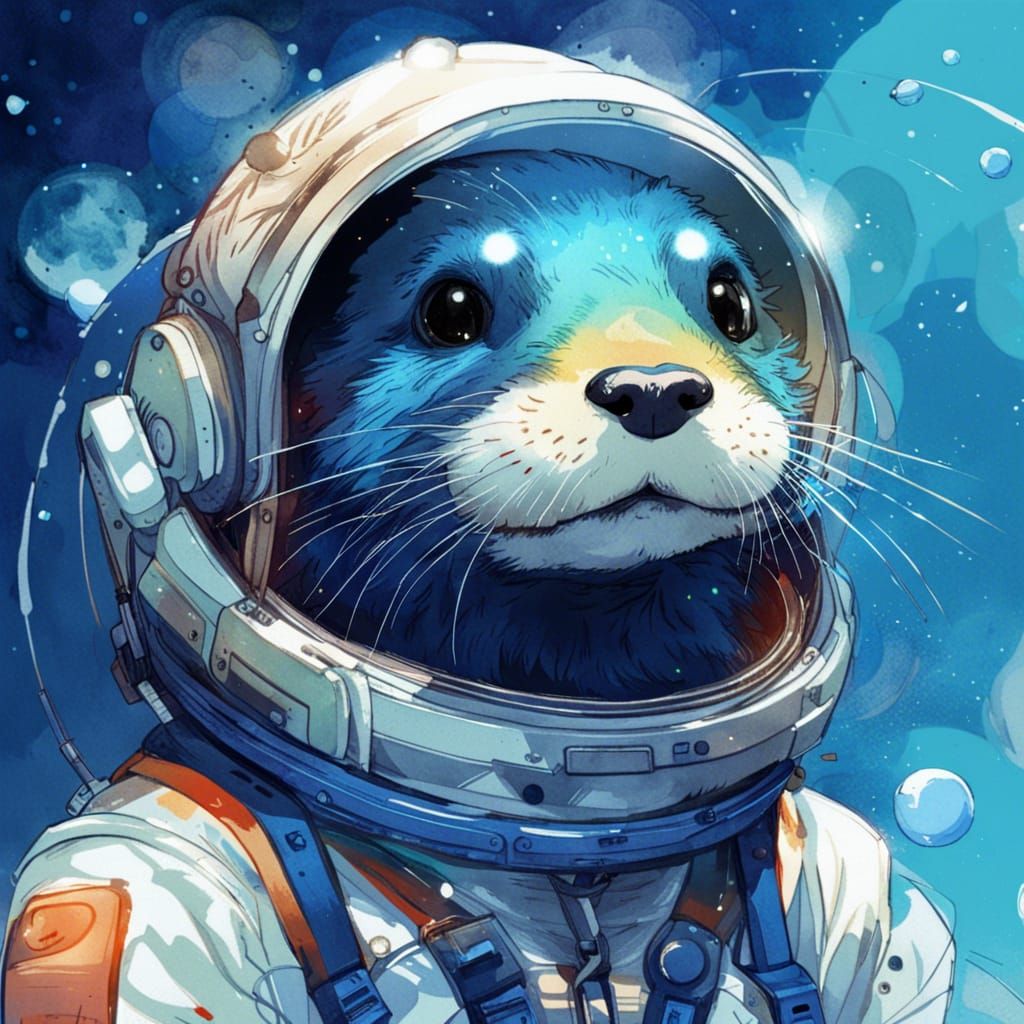 Anime Otter Astronaut Portrait in Watercolor Style