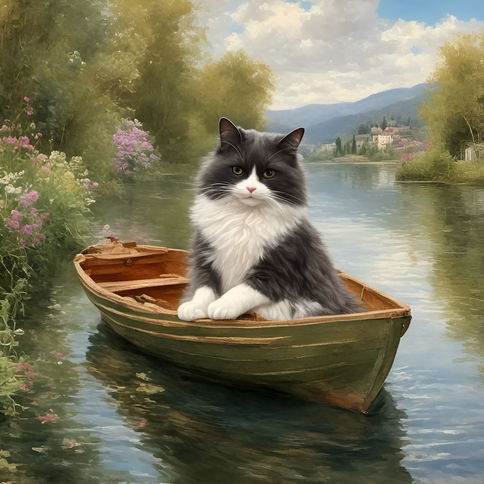 Cat in Rowboat on Serene Lake
