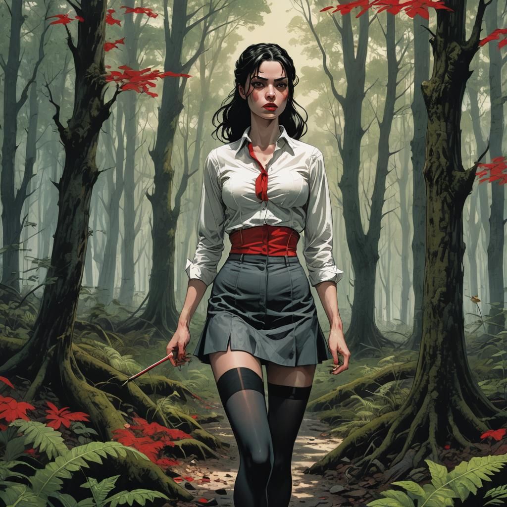 Sultry Female Figure in Dark Forest with Subdued Comic Book...