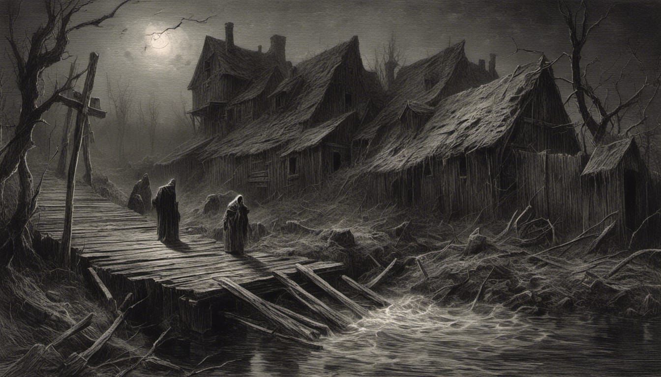 Ghostly Figure on Village Bridge in Macabre Style