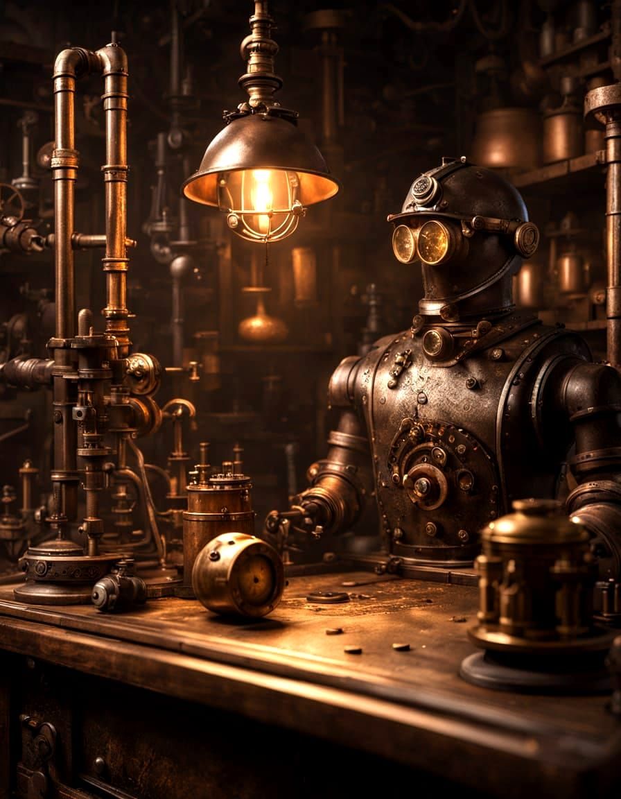 Steampunk RoboCop Portrait in Inventor's Lab