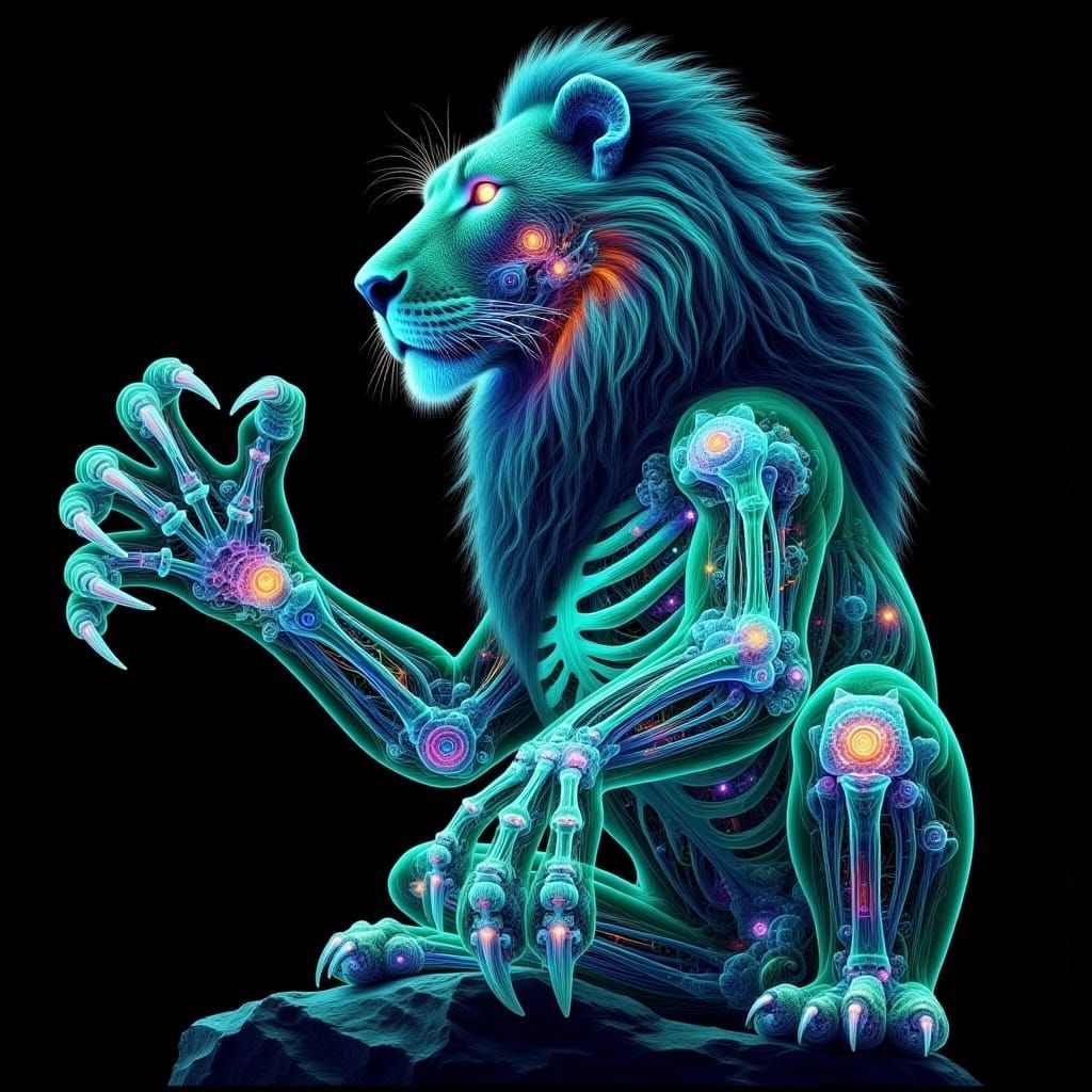 Translucent Lion with X-Ray Skeleton in Dark Futurism