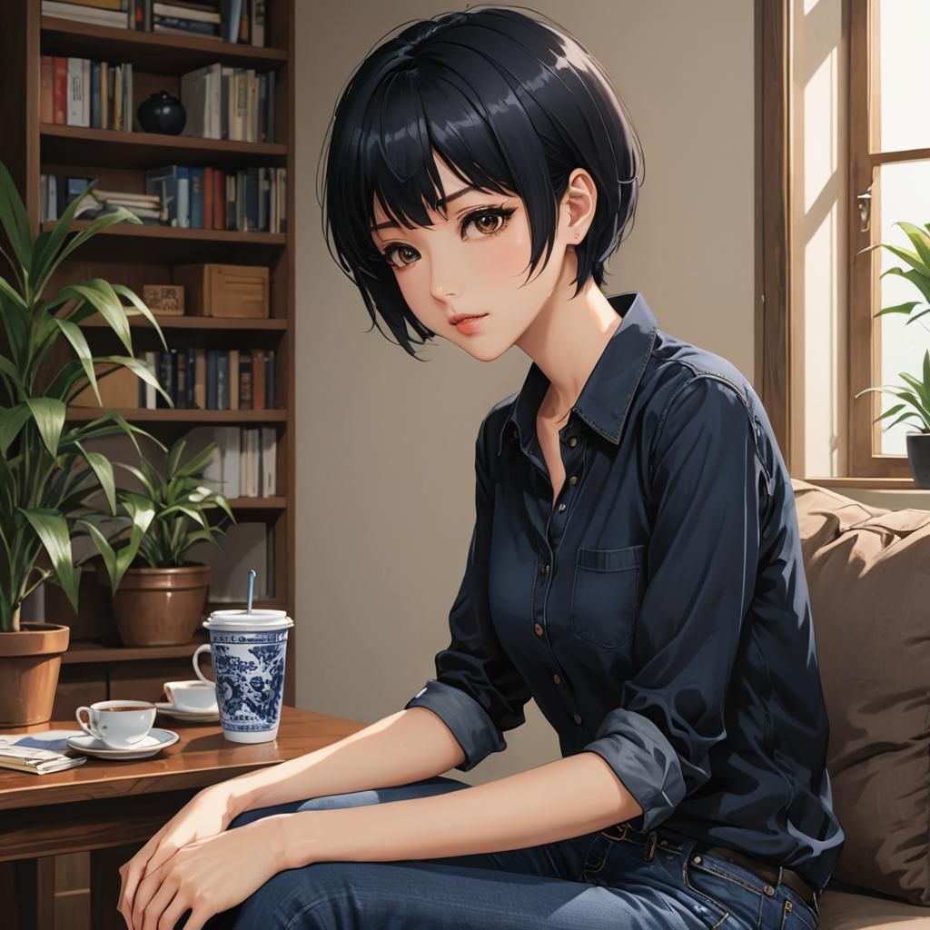 Anime Style: Woman at Home with Intricate Details