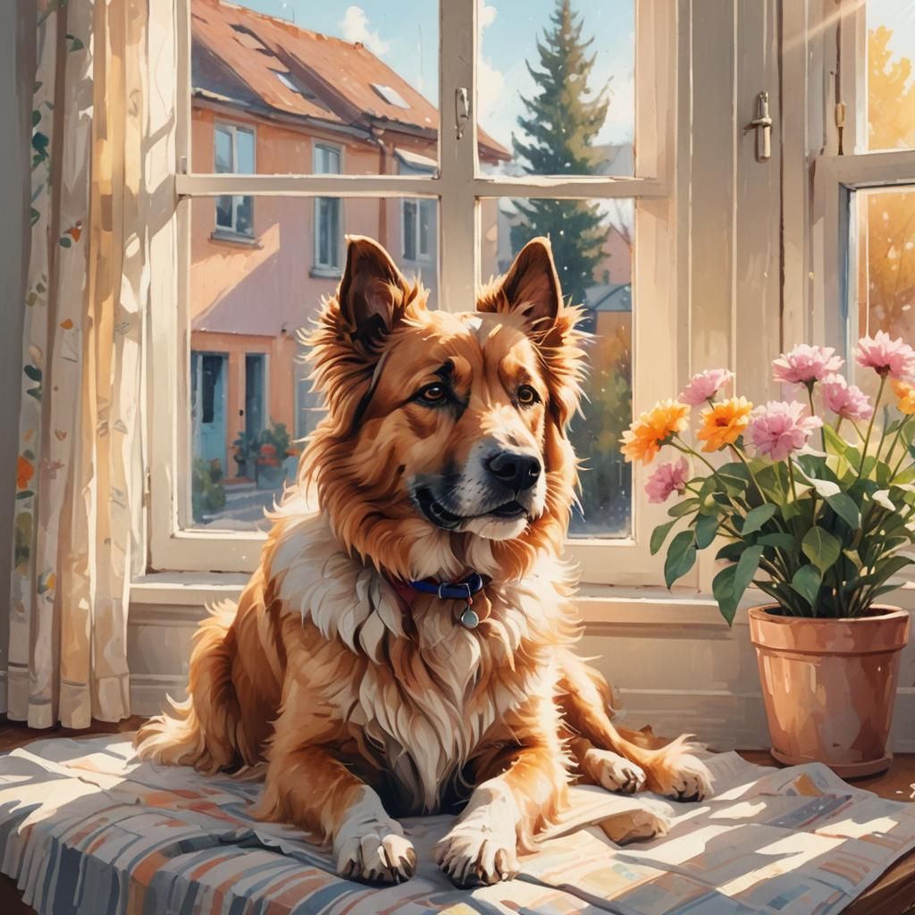 Happy Dog on Windowsill in Impressionist Style
