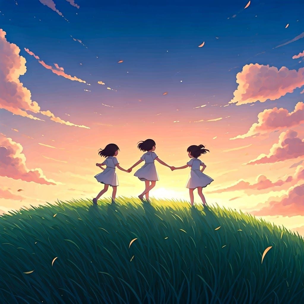 Anime-Style Sunset Scene of Children Playing Tag