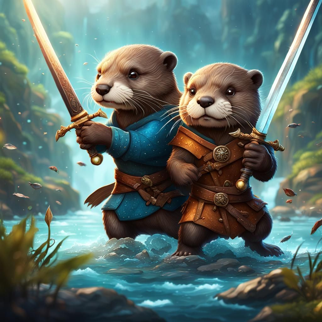Adorable warrior otter and beaver fighting swords