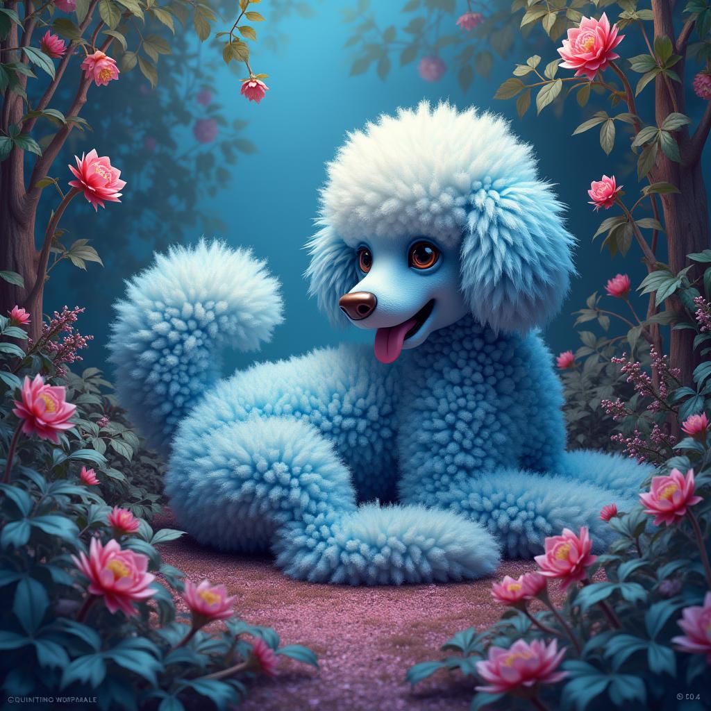 Poodle in Fantasy Landscape, Digital Art