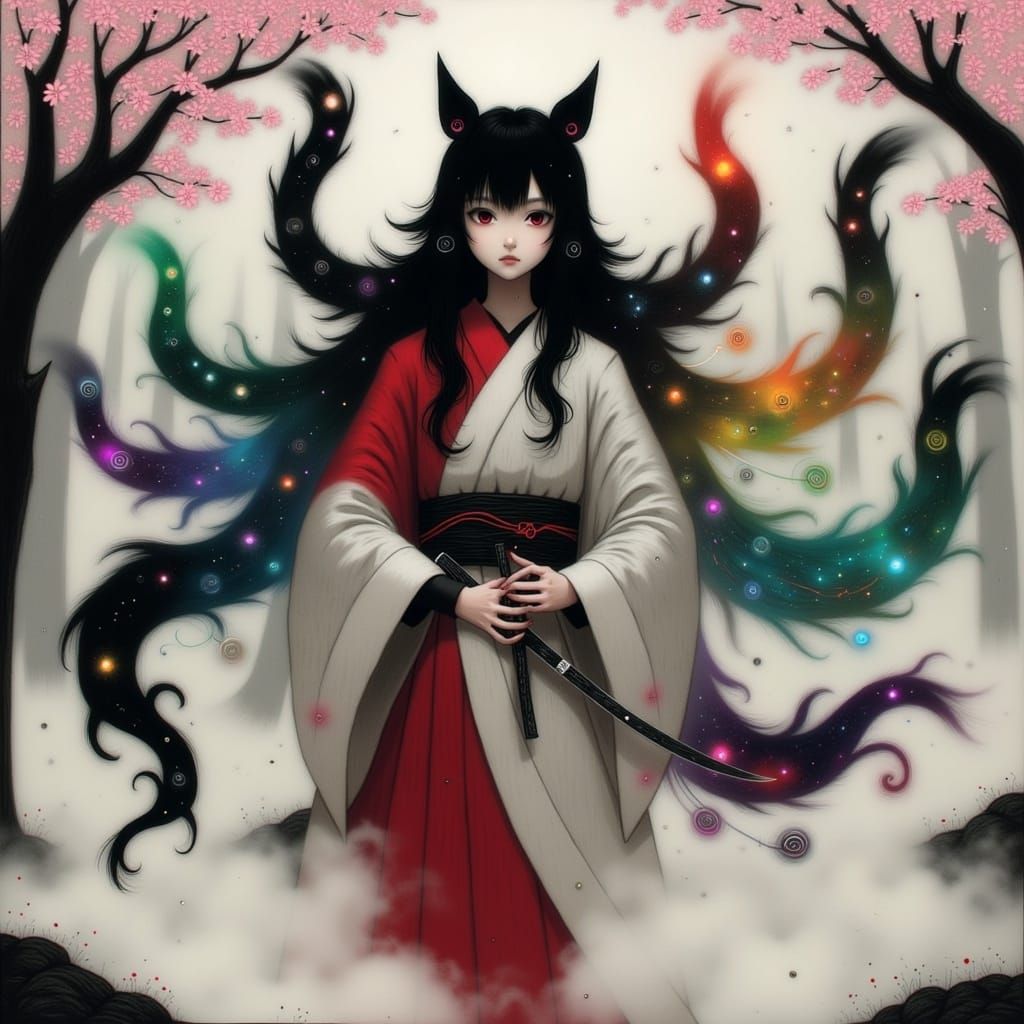 Kitsune Goddess in Mystical Cherry Blossom Forest