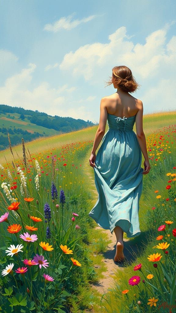 Woman Walking in Wildflowers, Impressionist Style