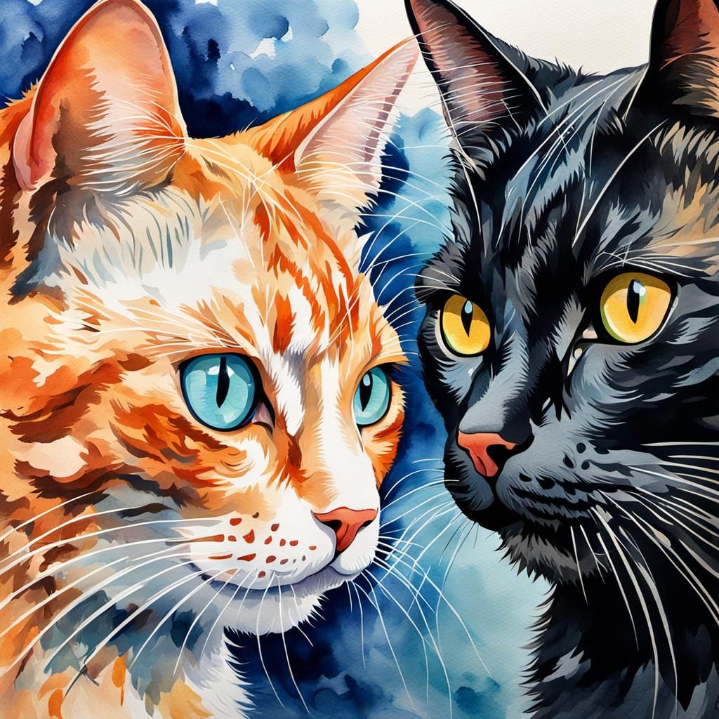 Orange Tabby and Black Cat Portrait in Watercolor