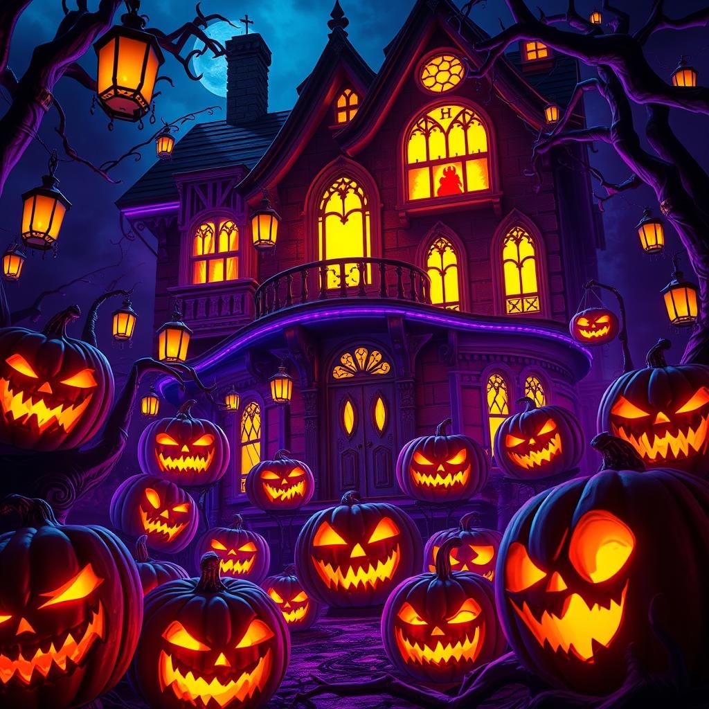 Ominous Haunted House with Carved Pumpkins in Dark Fantasy S...