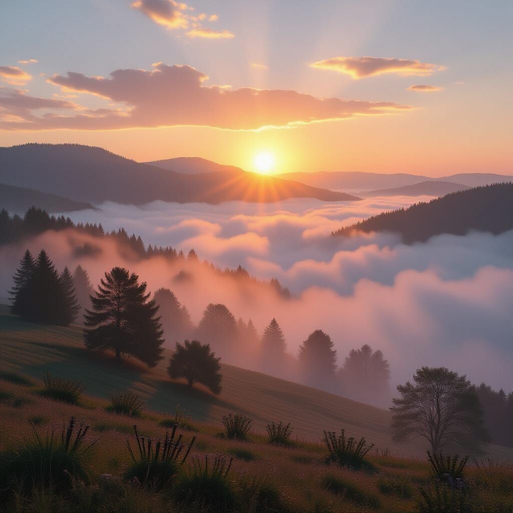 Sunlit Fog Landscape in Photorealistic Style