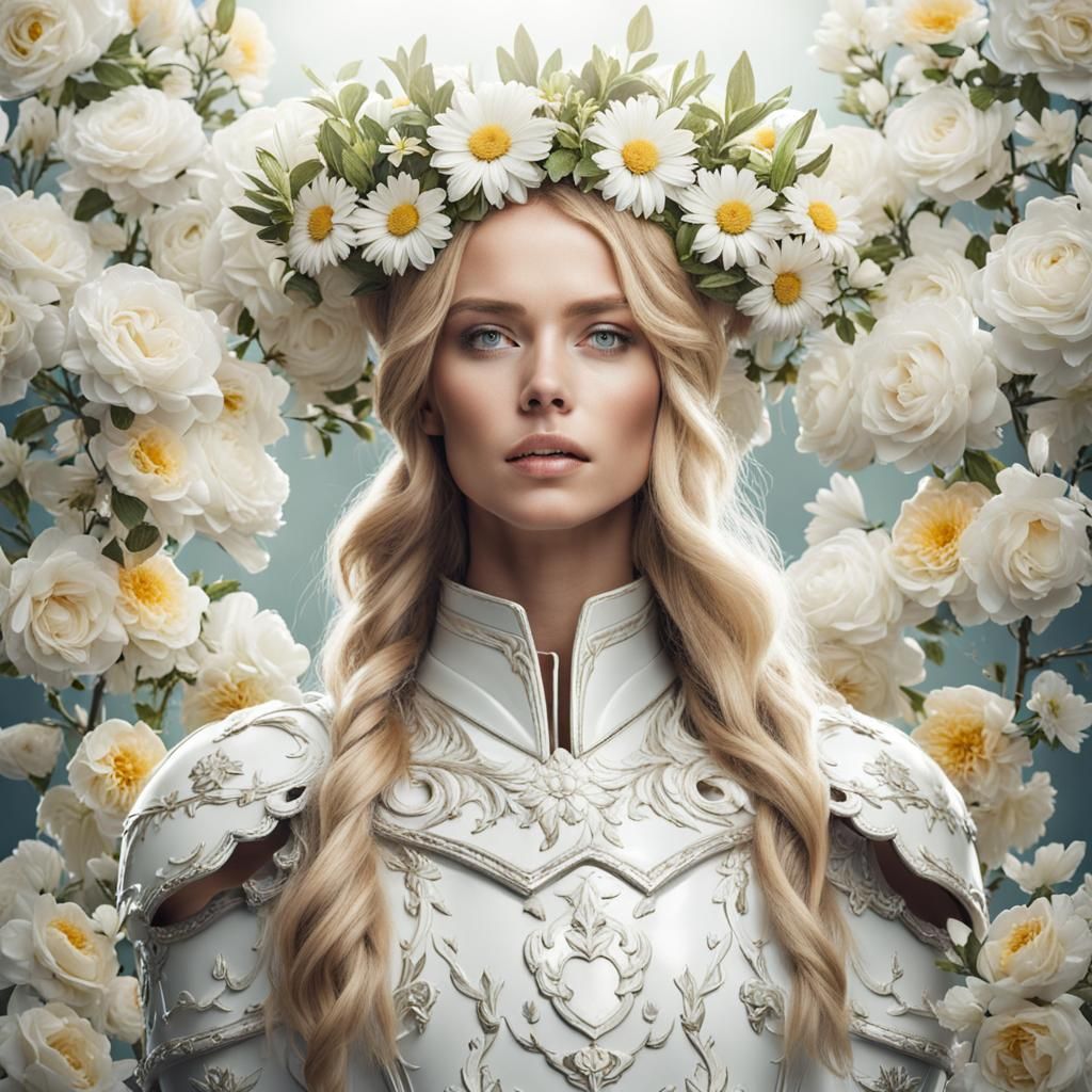 Armored Blonde Woman with Floral Crown