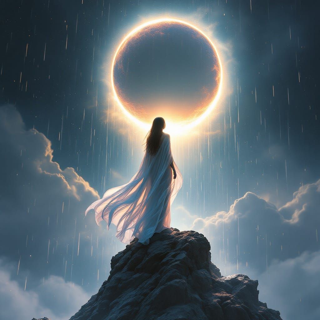 Dreamlike Woman Surrounded by Ethereal Light and Rain
