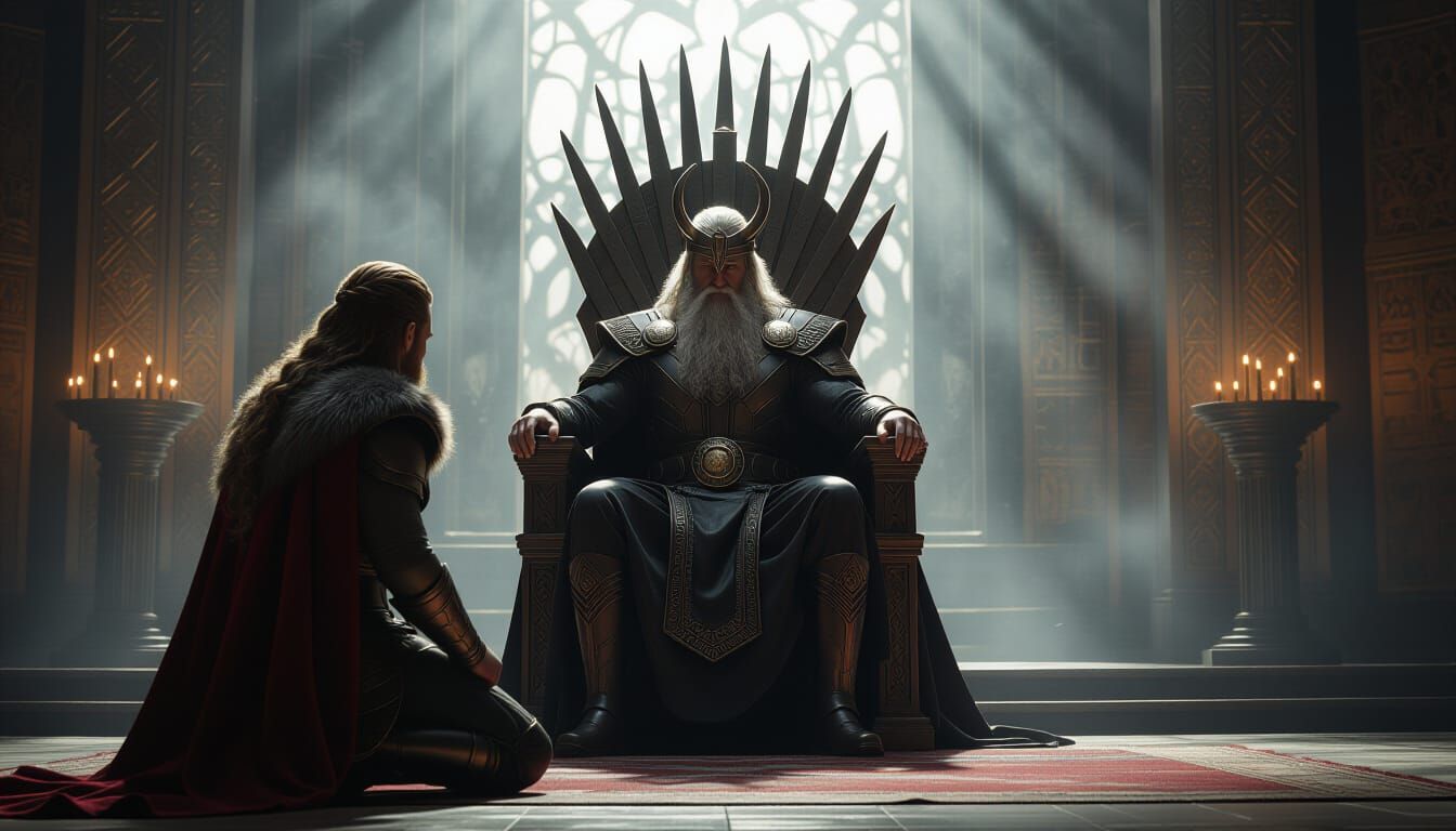 Eirik Kneels Before Odin Revealing Prophecy in Asgard