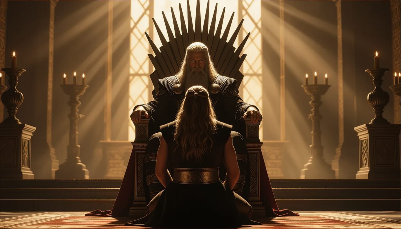 Eirik Kneels Before Odin, Receiving Prophecy in Asgard