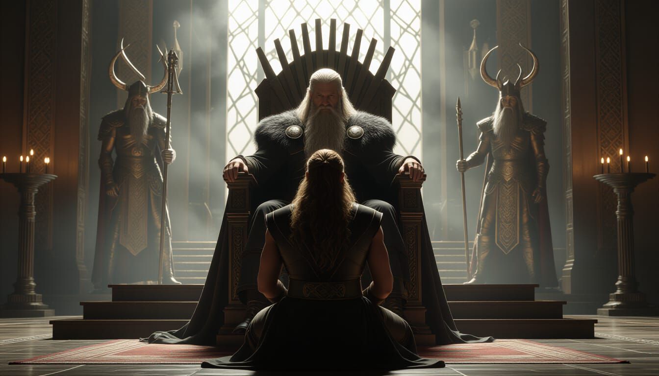 Eirik Kneels Before Odin, Receiving Prophecy in Asgard