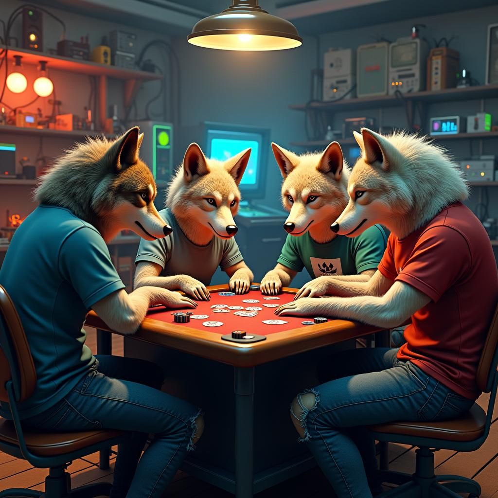 Wolves Play Poker in Sci-Fi Lab, Digital Art
