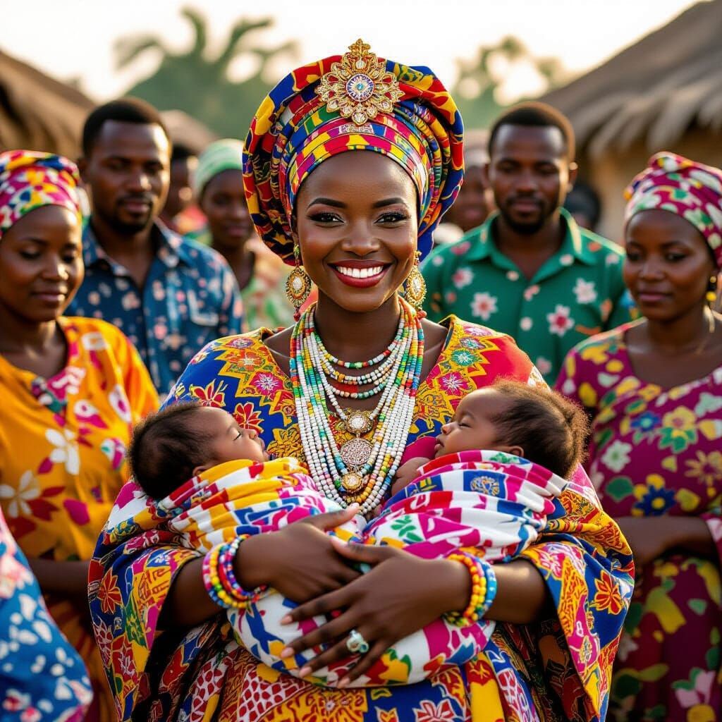 African Queen with Newborn Twins in Traditional Style