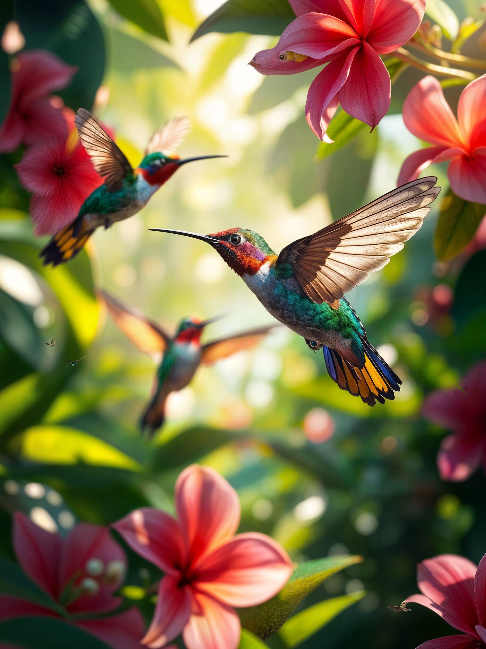 Luminous Tropical Haven with Hummingbirds in Flight