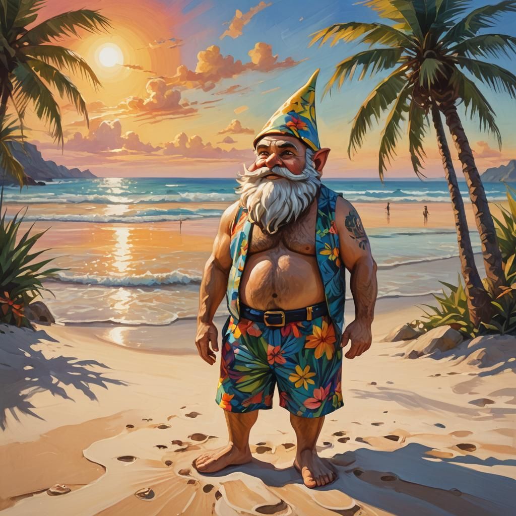 Gnome on Tropical Beach: Vibrant Oil Painting