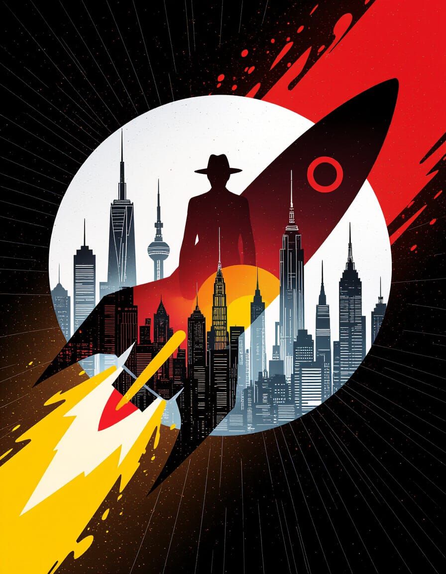 Neo-Noir Rocket Ship with Futuristic Cityscape