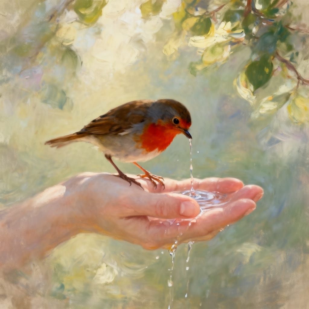 Robin Drinking Water From Hand in Painterly Style