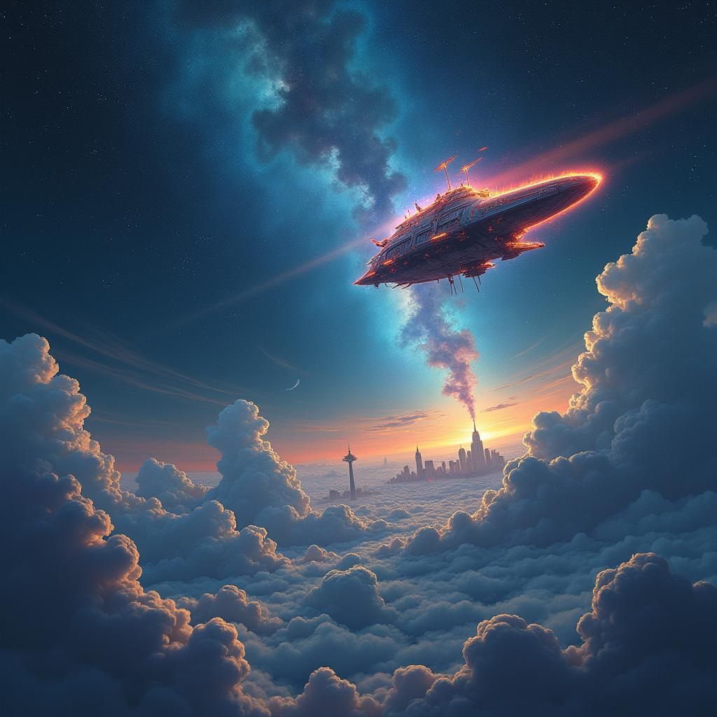Glowing Spaceship over Cityscape in Surreal Sci-Fi Style