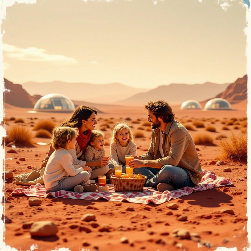 Family Picnic on Mars in Vintage Polaroid Style