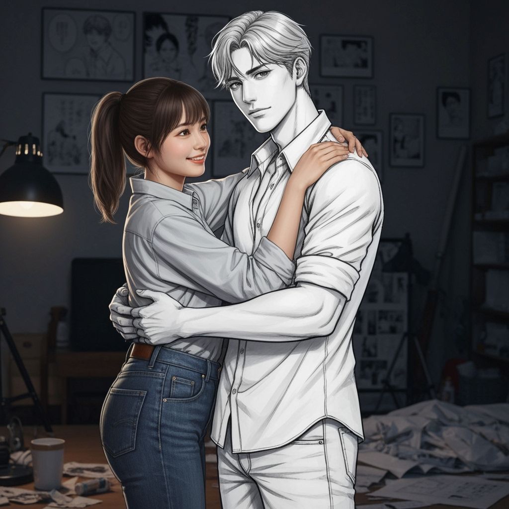 Japanese Woman Hugs Monochrome Manga Man in Studio