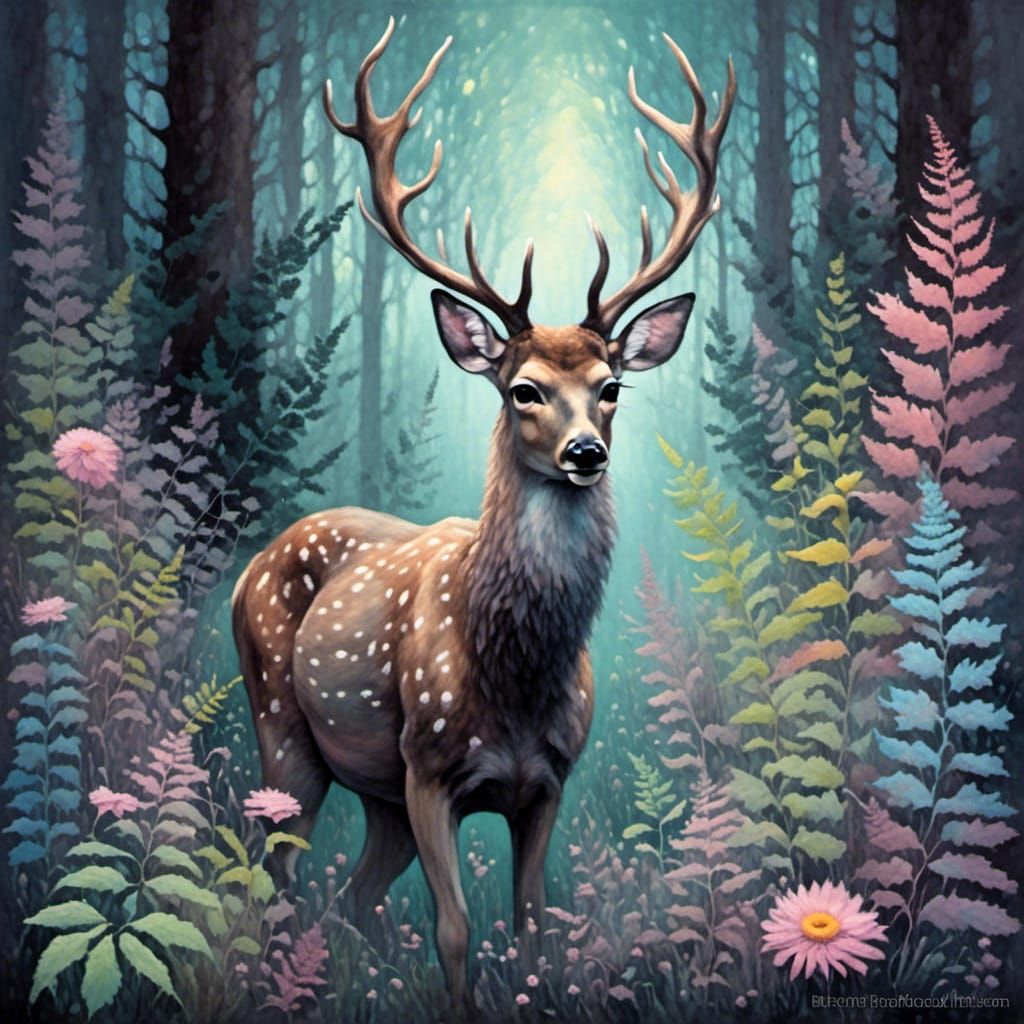 Deer in Glade: Pastel Illustration of Summer Sunlight