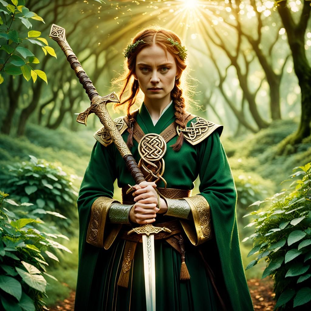 Woman with Celtic Swords in Golden Light