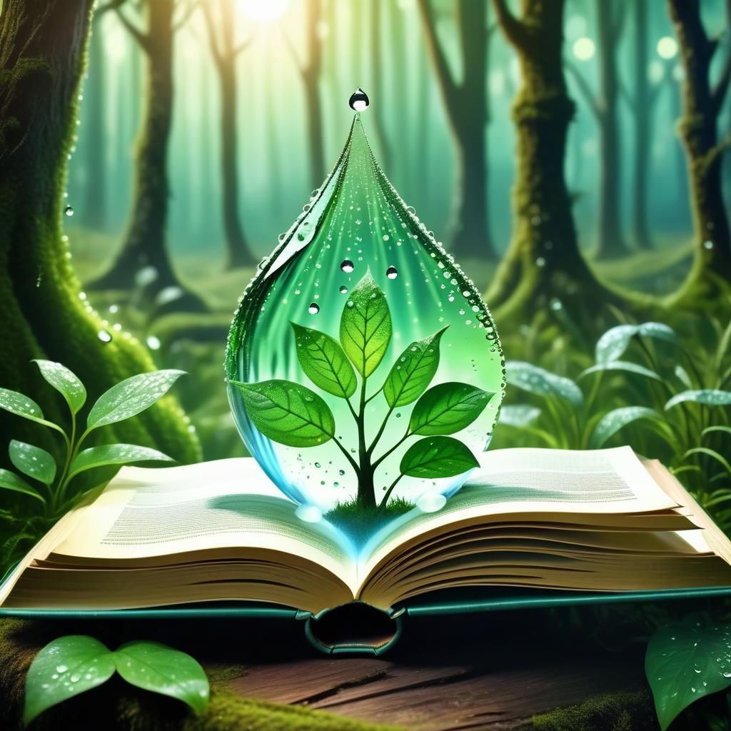 Enchanted Book with Dew Drop in Magical Forest