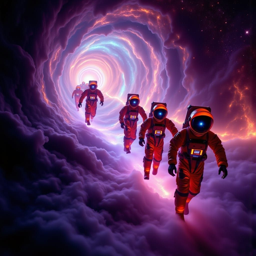 Astronauts Drift Towards a Swirling Wormhole in a Neon-Lit N...