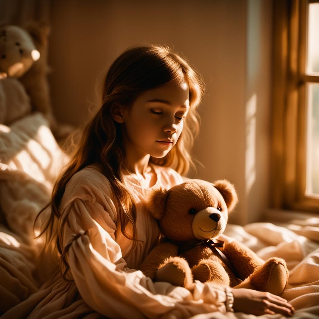 Girl with Teddy Bear in Bedroom: Cinematic Still