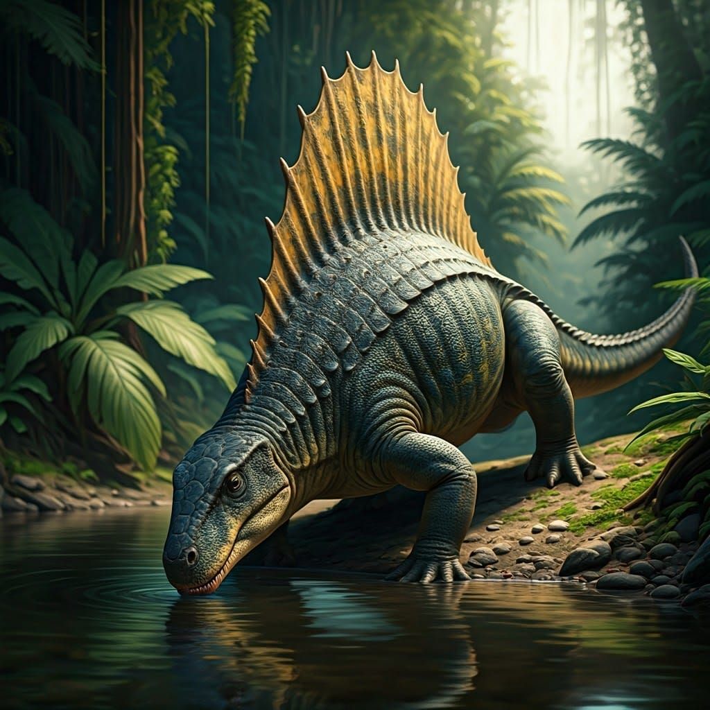 Majestic Dimetrodon in Tropical Forest Paradise