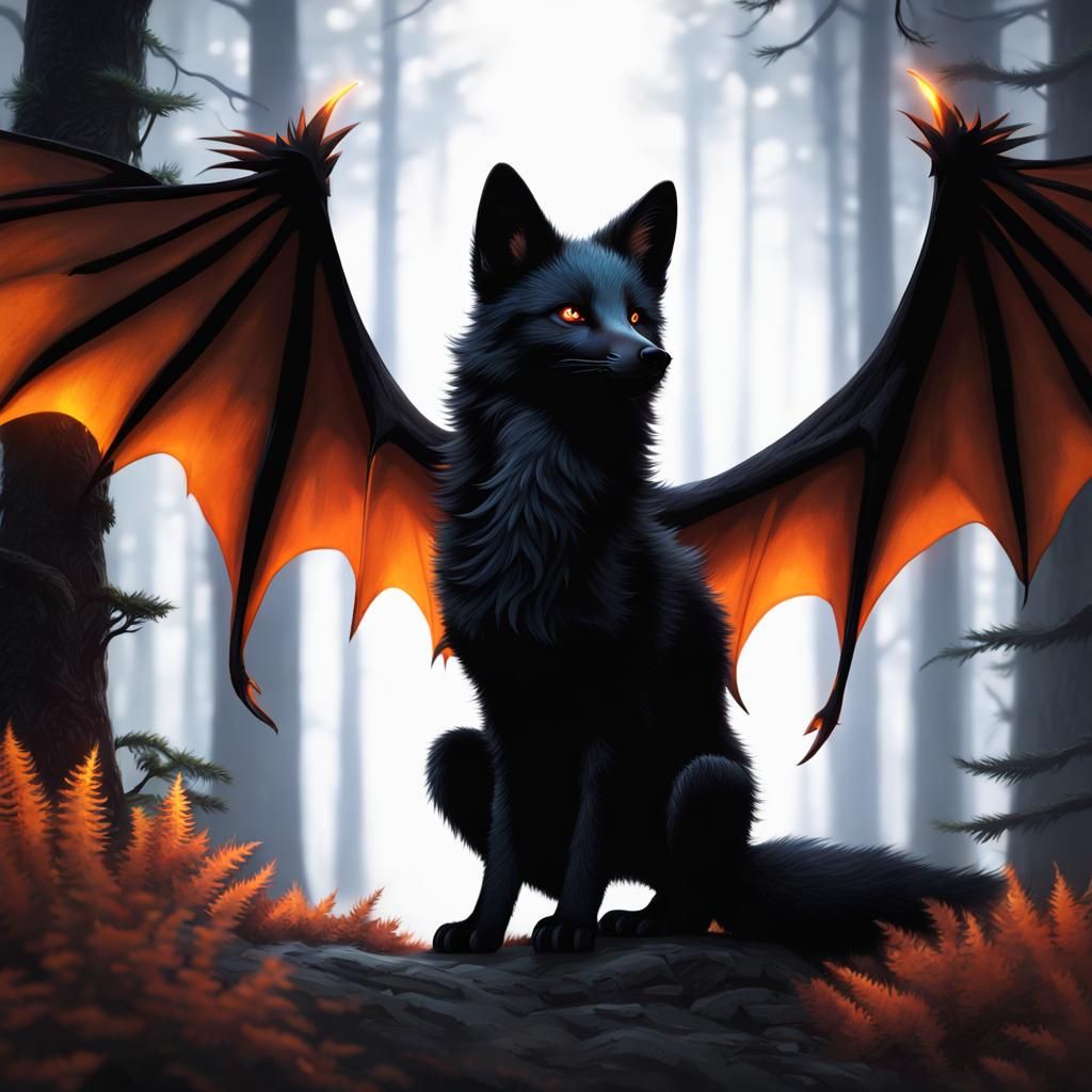 Black Fox Pup with Dragon Wings