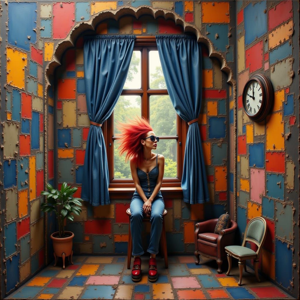 Woman in Strange Patchwork Room, Mixed Media Art