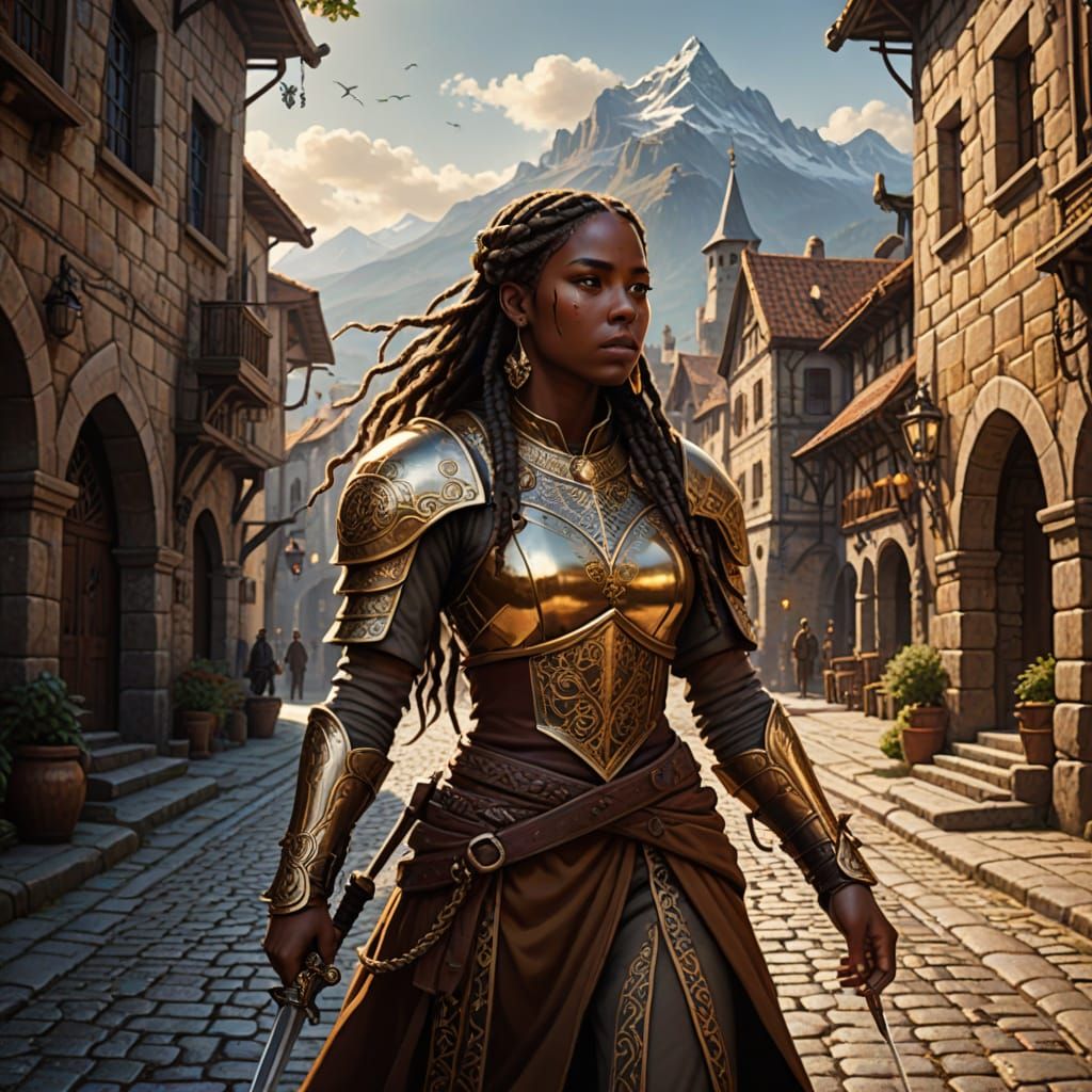 Dark-Skinned Warrior in Gold and Brown Attire, Medieval Fant...