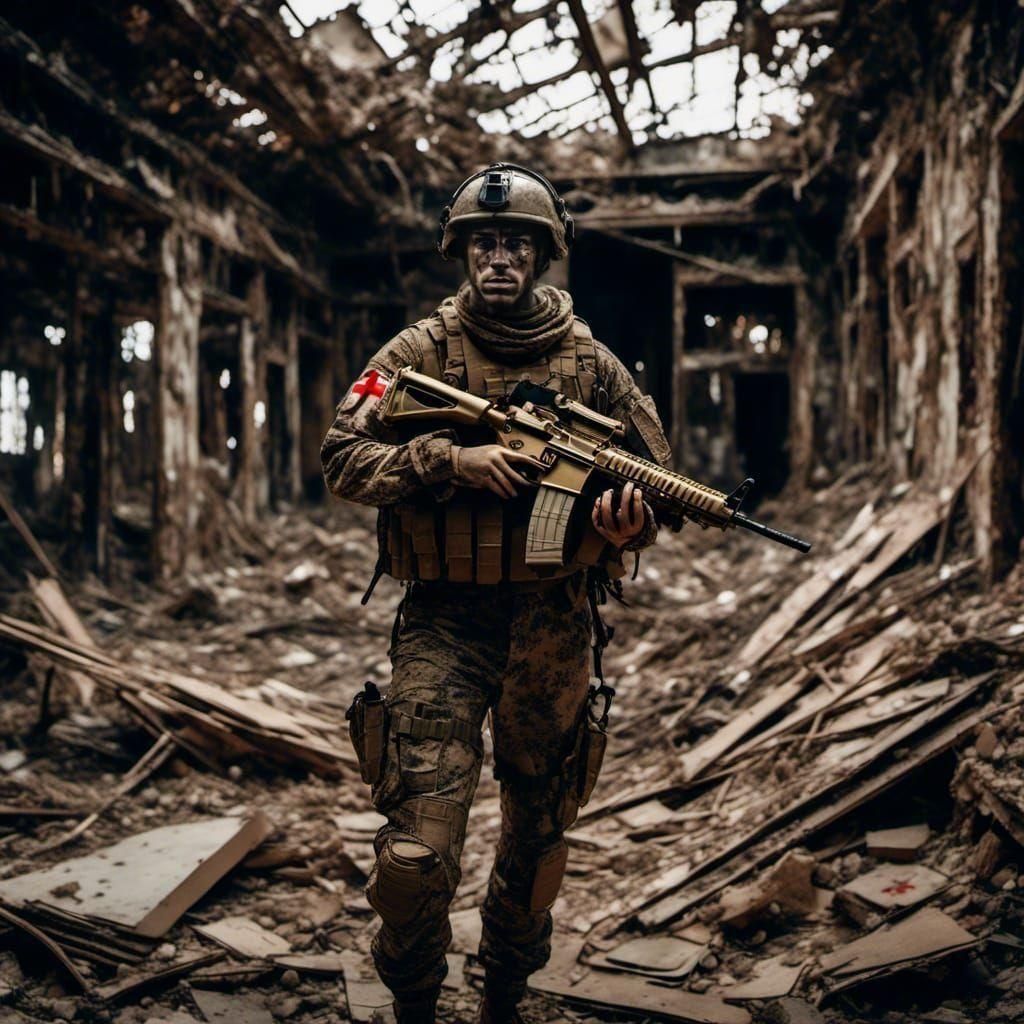 Navy Corpsman Walking Through Destroyed Building