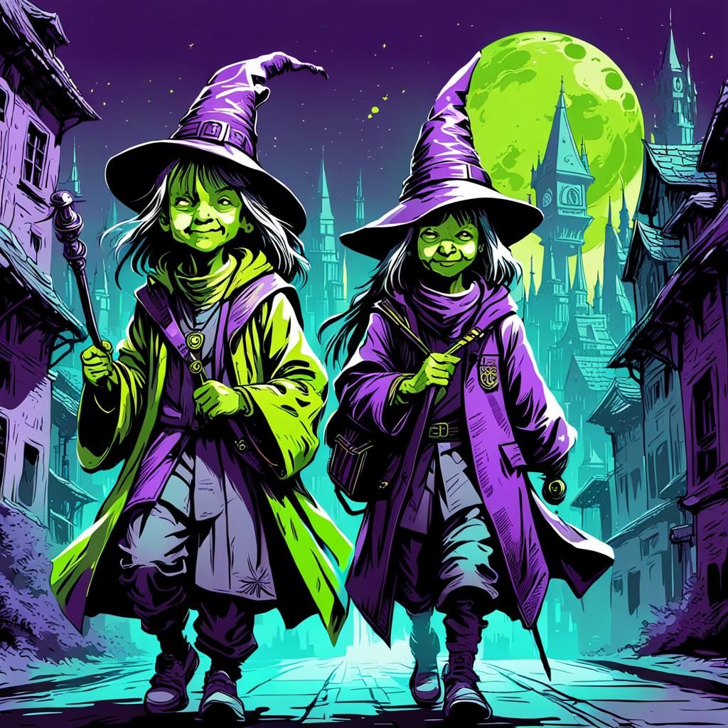 Cyberpunk Child Wizards in Duotone Vector Art